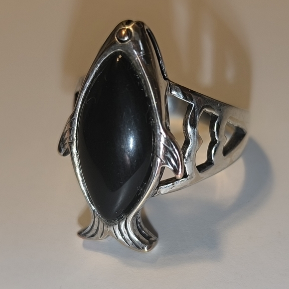 Large Textured Fish Black Onyx Sterling Silver Men Unisex Ring Size 10 - Picture 10 of 17